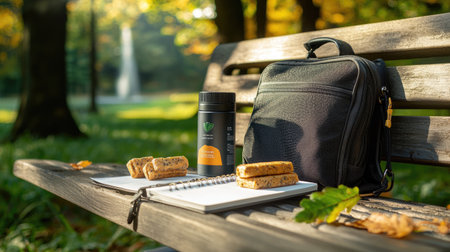A serene park scene featuring a backpack, snacks, a notebook, and a drink, set on a bench surrounded by autumn foliage.の素材