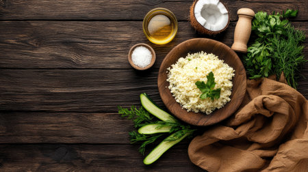 A rustic wooden table features a bowl of rice, fresh herbs, cucumber, oil, and salt, creating a vibrant, healthy meal setup.の素材