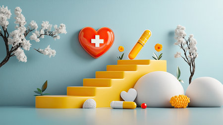 A vibrant illustration featuring colorful steps leading to a heart symbol, surrounded by health-related items and floral accents, conveying a theme of wellness.の素材