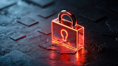 A glowing lock icon on a dark, textured surface symbolizes security and protection in a digital environment.の素材