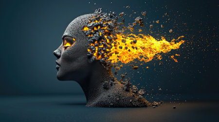 A surreal sculpture of a head dissolving into particles, emitting fiery flames, symbolizing transformation and creativity.の素材