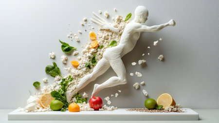 A dynamic sculpture of a human figure in motion, surrounded by a vibrant arrangement of fruits and vegetables, symbolizing health and vitality.の素材