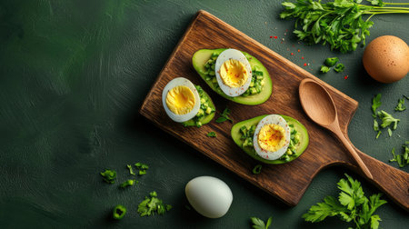 Sliced avocado topped with boiled egg and herbs on a wooden board, showcasing a vibrant and healthy meal.の素材