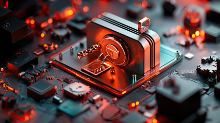 A close-up view of a circuit board featuring intricate components and vibrant lighting, showcasing advanced technology and innovation in electronics.の素材