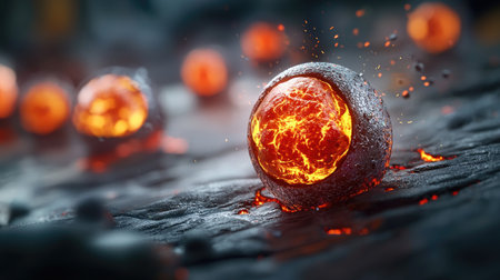 A close-up of glowing lava spheres on a textured surface, showcasing vibrant orange and red hues amidst a dark backdrop.の素材