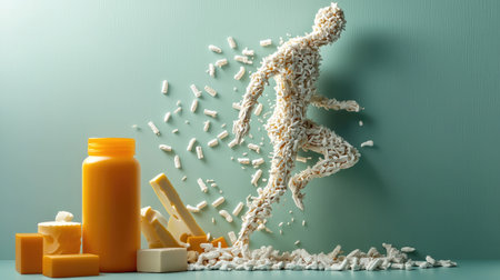 A figure made of pills appears to be running, surrounded by various pharmaceutical items, symbolizing health and vitality.の素材