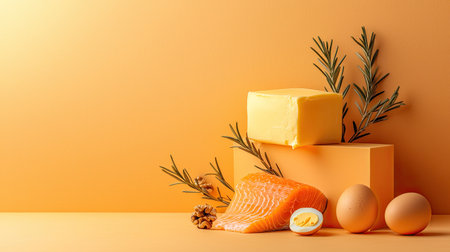A vibrant arrangement of butter, salmon, eggs, and rosemary against an orange backdrop, showcasing fresh ingredients and culinary artistry.の素材