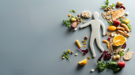 A silhouette shape is surrounded by various fresh foods, representing health, nutrition, and the connection between diet and well-being.の素材