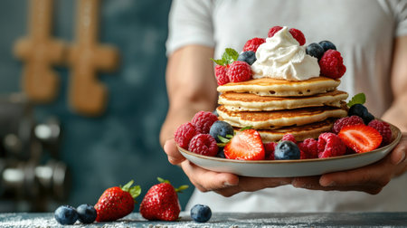A delicious stack of pancakes topped with whipped cream and fresh berries, held by a person against a blurred background.の素材
