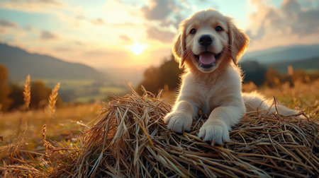 A cheerful golden retriever puppy lounging on hay, set against a picturesque sunset in a serene countryside scene.の素材