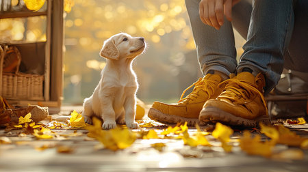 A golden puppy sits beside a person in yellow shoes, surrounded by autumn leaves, capturing a warm, cozy moment in nature.の素材