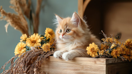 A fluffy orange cat rests among bright yellow flowers, creating a serene and charming scene in a cozy setting.の素材