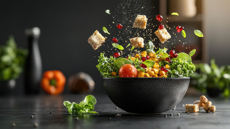 A vibrant salad is artfully tossed in a black bowl, with fresh ingredients and toppings flying, creating a dynamic and appetizing scene.の素材