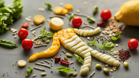 A creative arrangement of food items forming a human-like shape, featuring vegetables, herbs, and fruits, showcasing vibrant colors and textures.の素材