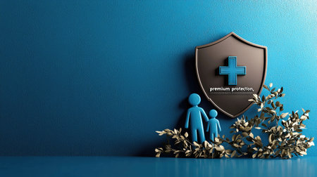A blue-themed graphic featuring two stylized figures beside a shield with a medical cross, symbolizing health and protection.の素材