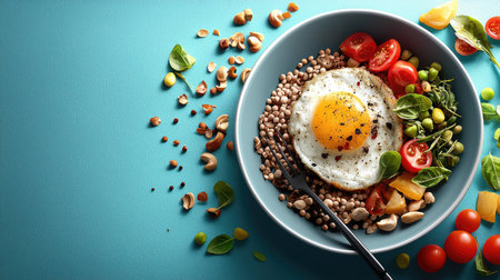 A vibrant bowl of healthy grains topped with a sunny-side-up egg, surrounded by fresh vegetables and seeds on a turquoise background.の素材
