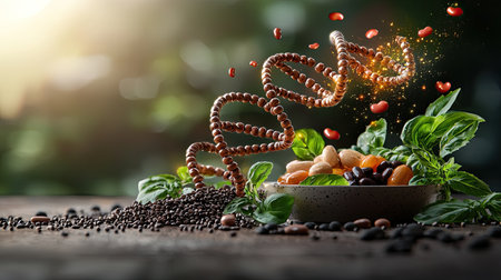 A vibrant display of food and herbs intertwines with a DNA-like spiral, symbolizing the connection between nutrition and nature.の素材
