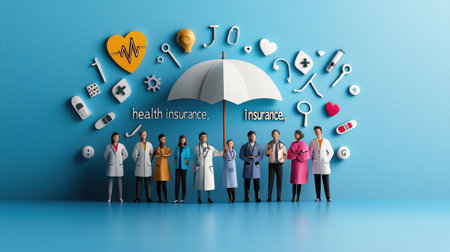 A vibrant illustration showcasing diverse healthcare professionals under an umbrella, symbolizing health insurance and medical support.の素材