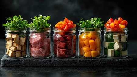 Colorful jars filled with fresh vegetables and herbs, arranged neatly on a dark surface, showcasing a vibrant selection for healthy cooking.の素材