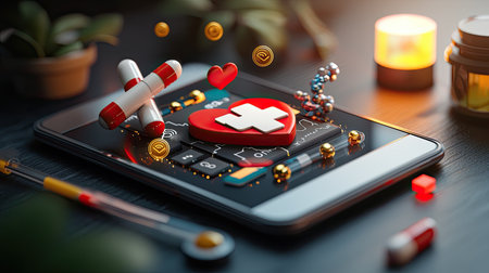 A smartphone displays health-related icons, including a heart with a medical cross, pills, and molecular structures, symbolizing digital health and wellness.の素材