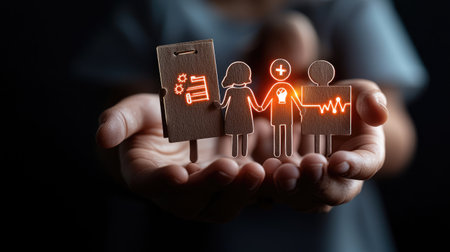 A hand holds figures symbolizing health and connection, with glowing elements representing care and medical technology.の素材