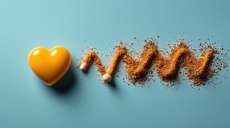A vibrant yellow heart-shaped object next to a wavy line of spices, creating a visually appealing contrast on a turquoise background.の素材