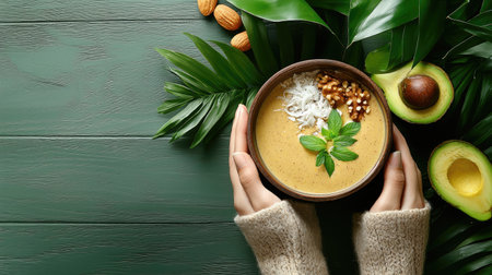 A cozy, healthy bowl of avocado smoothie topped with nuts and herbs, surrounded by fresh greens and nuts on a rustic wooden table.の素材
