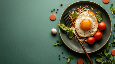 A vibrant plate featuring a sunny-side-up egg, cherry tomatoes, greens, and grains, set against a textured turquoise background.の素材