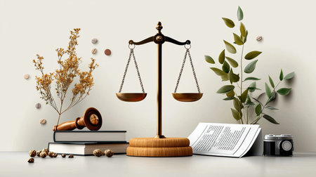 A balanced scale symbolizes justice, surrounded by nature and books, representing law, knowledge, and harmony in a serene environment.の素材