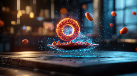 A glowing, abstract orb hovers above a plate, surrounded by floating elements, in a beautifully lit indoor setting.の素材