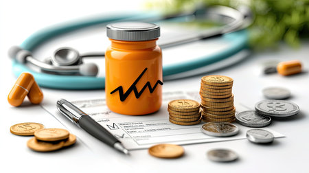 A vibrant orange medicine bottle surrounded by coins, a pen, medical paperwork, and a stethoscope, representing healthcare finance and pharmaceuticals.の素材