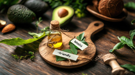 A wooden board displays a bottle of oil surrounded by fresh herbs and avocado, highlighting natural ingredients and a healthy lifestyle.の素材