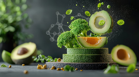 A vibrant arrangement of green vegetables, featuring broccoli and avocado, with a splash effect, creating a fresh and dynamic visual appeal.の素材