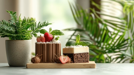 A beautifully arranged dessert platter featuring chocolate and cream desserts, garnished with strawberries and herbs, set against a backdrop of lush green plants.の素材