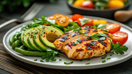 A vibrant plate featuring grilled chicken, fresh avocado, and colorful cherry tomatoes, garnished with herbs for a healthy, appetizing meal.の素材