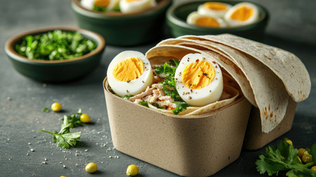 A vibrant dish featuring a green salad topped with boiled eggs, served in a cardboard box, accompanied by tortillas and herbs.の素材