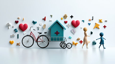 A colorful, creative scene depicting a house with a cross, bicycles, and playful figures surrounded by health-related icons and symbols.の素材