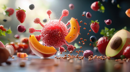 A creative blend of fruits and a virus illustration, symbolizing health and nutrition's role in immunity and disease prevention.の素材