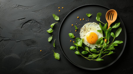 A beautifully plated fried egg surrounded by fresh greens, set against a dark background, showcasing a minimalist and elegant presentation.の素材
