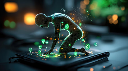 A glowing, digital figure kneels over a tablet, surrounded by floating icons, symbolizing technology and virtual interaction.の素材