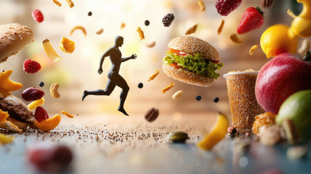 A runner surrounded by floating fruits and fast food, symbolizing the balance between healthy choices and indulgence.の素材