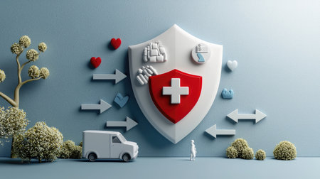 A stylized shield symbolizing health and safety, featuring medical icons, a delivery van, and arrows representing healthcare services.の素材