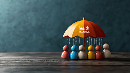 A colorful umbrella labeled "health insurance" shelters diverse figures, symbolizing protection and support for individuals in healthcare.の素材