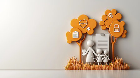 A creative representation of a family enjoying nature, surrounded by stylized trees and symbols of care, love, and organization.の素材