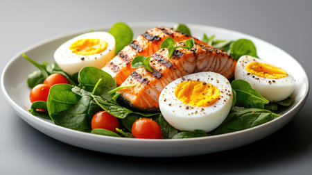 A vibrant plate featuring grilled salmon, halved boiled eggs, fresh spinach, and cherry tomatoes, showcasing a healthy and appetizing meal.の素材