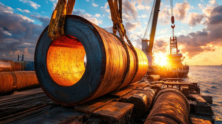 A vibrant sunset scene with a crane lifting large steel rolls at a bustling dock, showcasing industrial activity and maritime operations.の素材