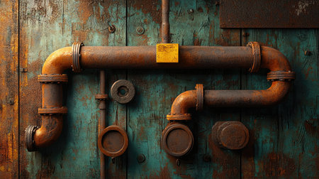 A close-up of rusty pipes against a weathered wooden background, showcasing industrial textures and colors.の素材