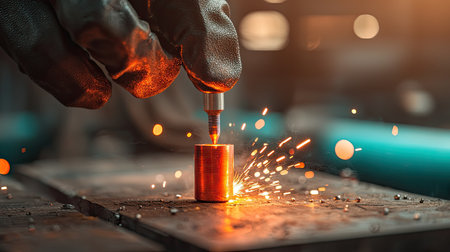 A close-up of a gloved hand using a tool to create sparks on a metal surface, showcasing craftsmanship and intense focus in metalworking.の素材