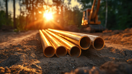 A close-up of golden pipes arranged on the ground, illuminated by a sunset, with a construction vehicle in the background, surrounded by trees.の素材