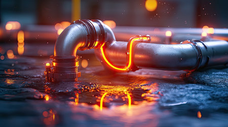 A glowing pipe with water reflecting on a surface, showcasing intricate details and a warm, industrial ambiance.の素材